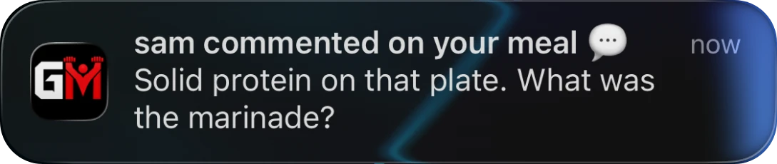 iOS notification from GainzMate: sam commented on your meal. Solid protein on that plate. What was the marinade?