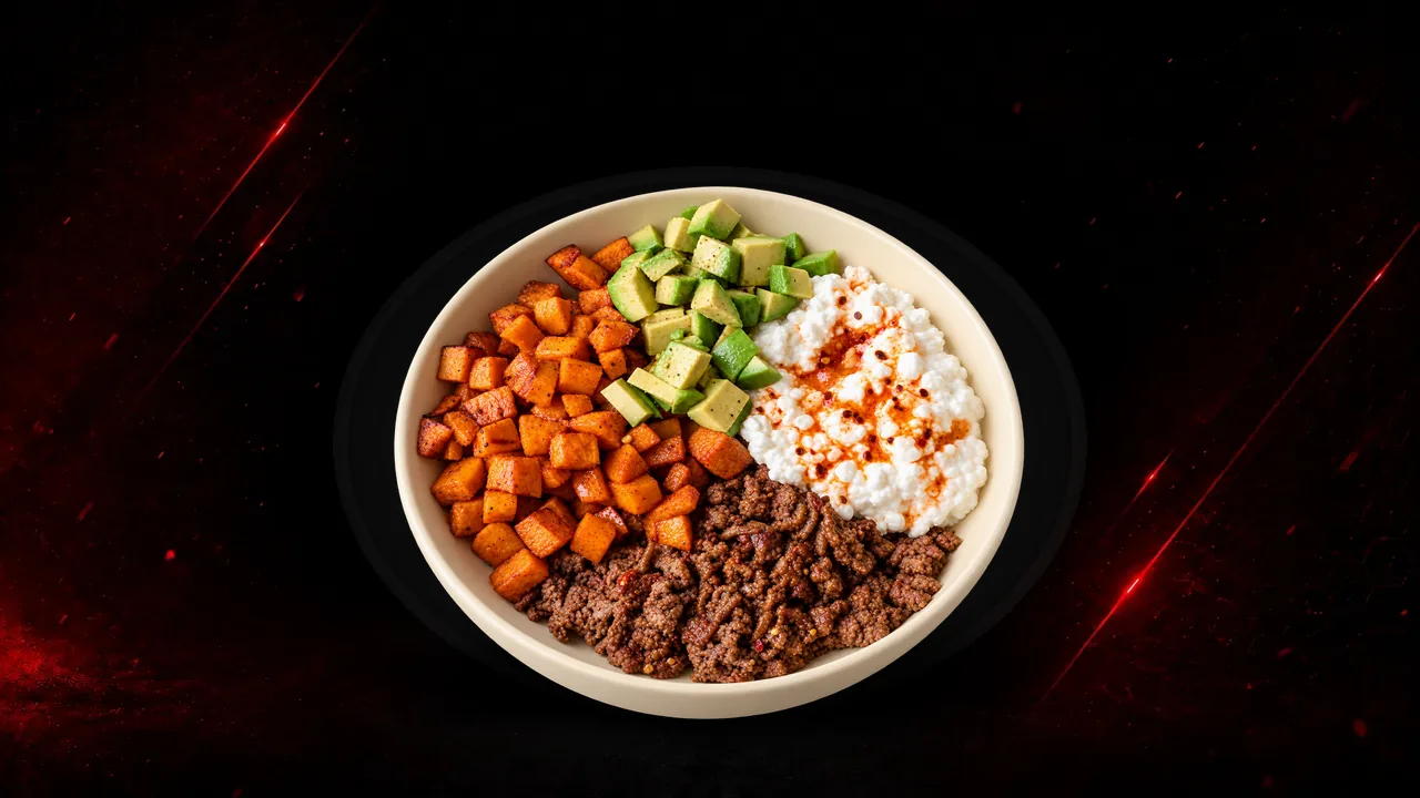 A bowl of minced beef, roasted sweet potato, cottage cheese and avocado