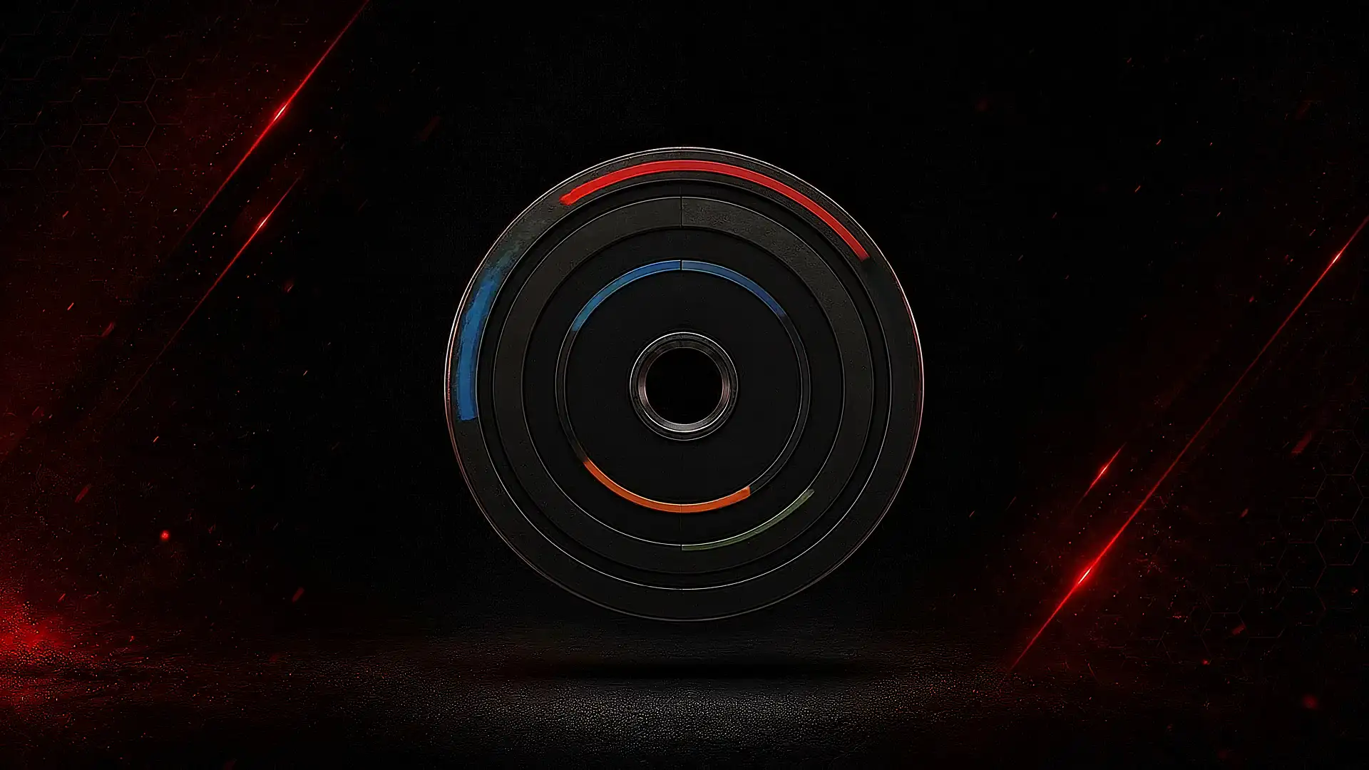 A black weight plate reimagined as concentric macro rings — red for calories, blue for protein, orange for carbs, green for fats