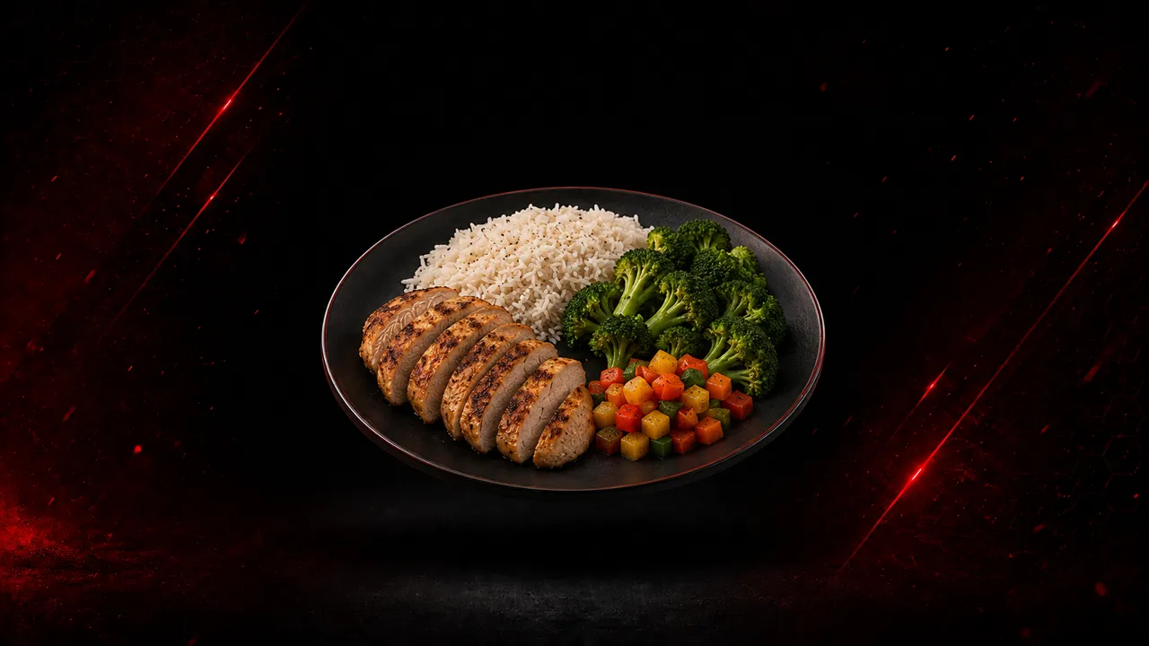 A plate of grilled chicken, rice, and broccoli on a dark surface
